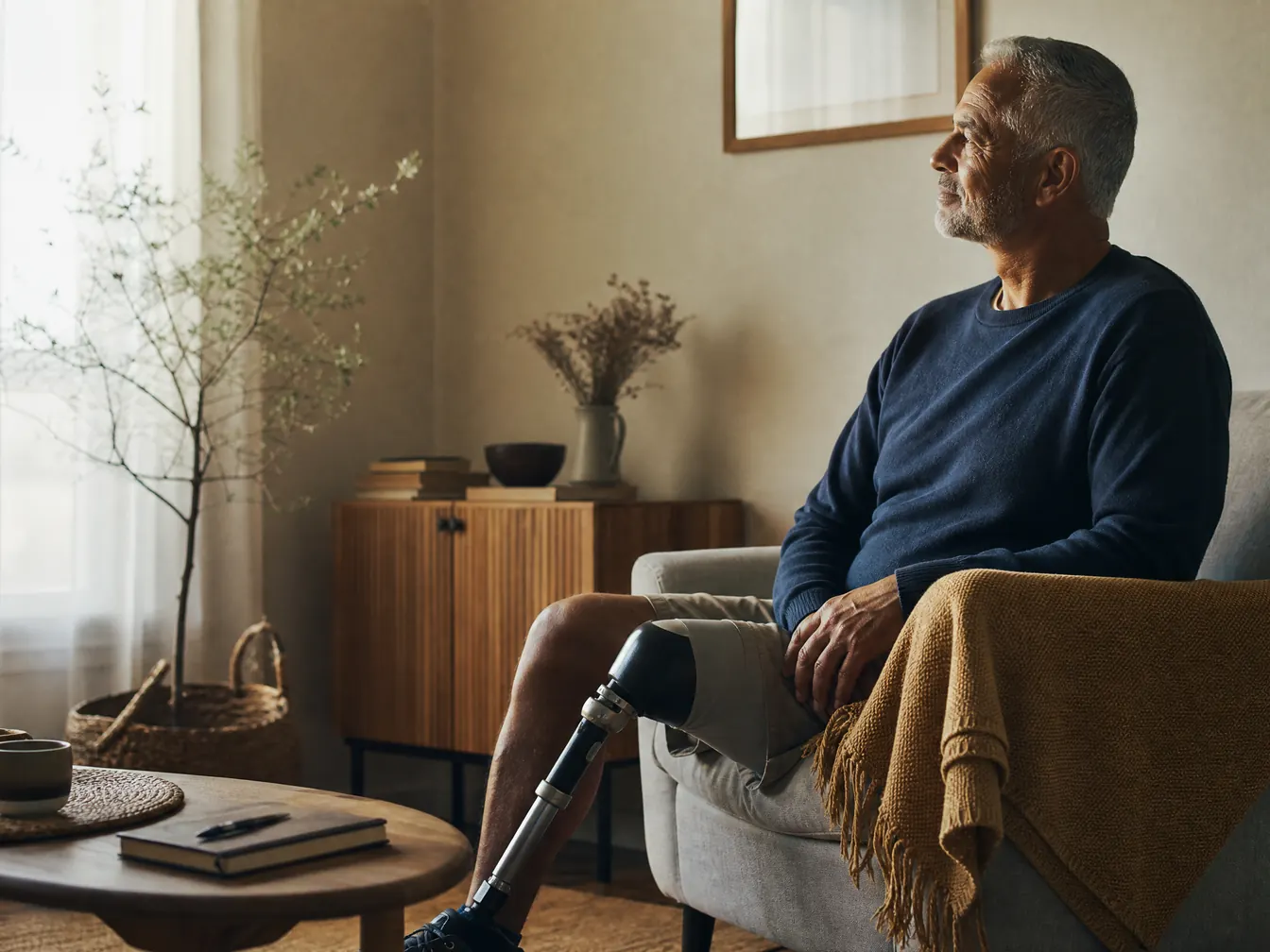 An adult seated near a sunlit window in a calm home setting
