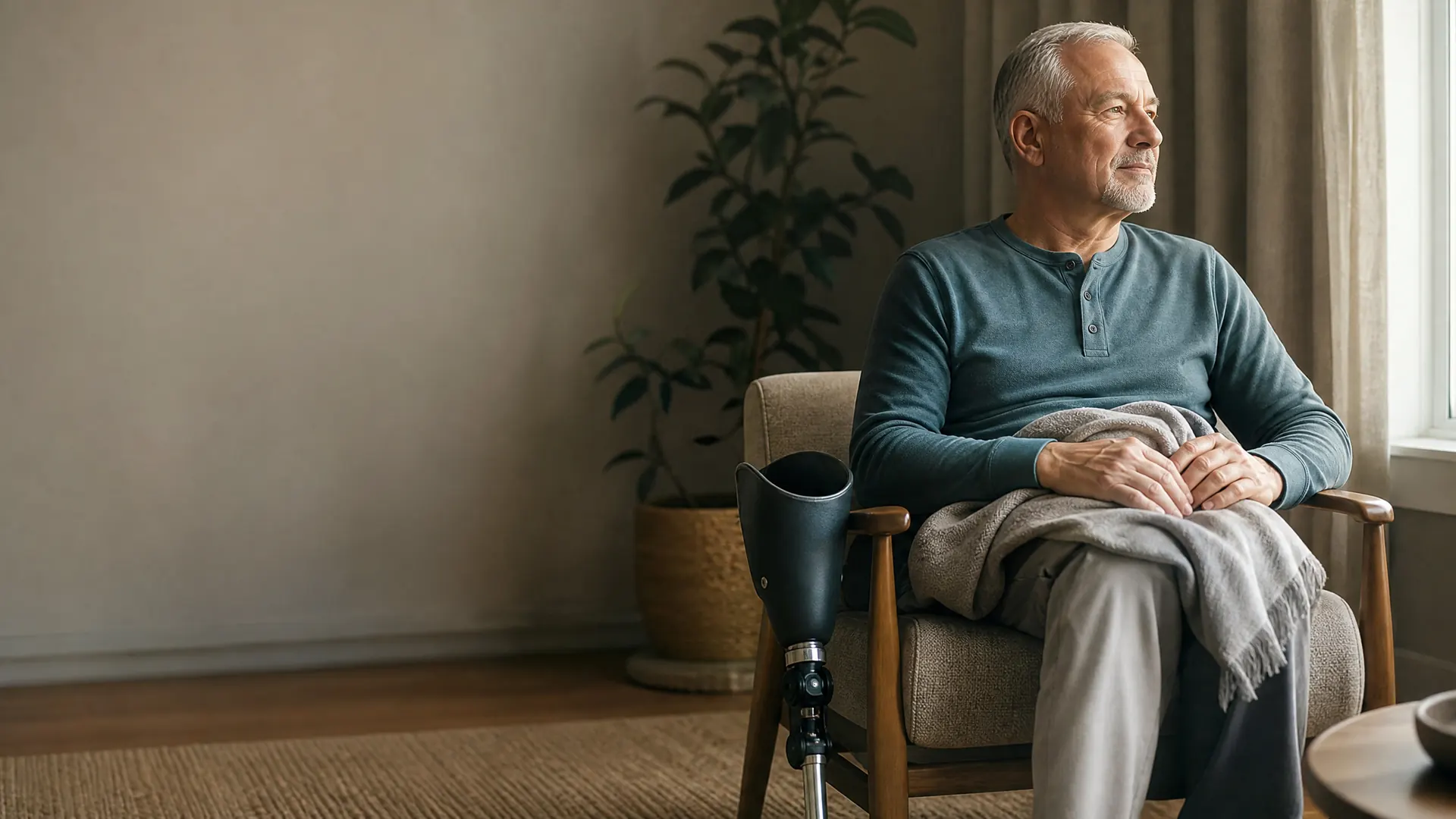Older adult resting near a sunlit window with a lower-limb prosthesis nearby